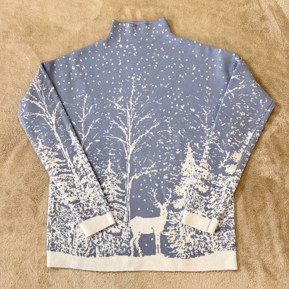 Tahari Winter Wonderland Deer Sweater Womens Mock Neck Knit S Periwinkle Holiday